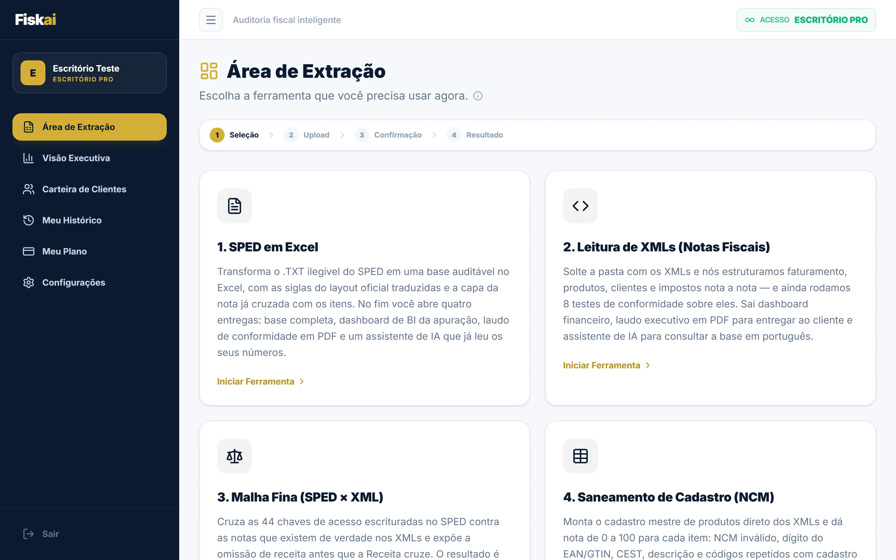 Área de Extração do Fiskai: a trilha de quatro etapas e os cartões dos módulos — SPED em Excel, Leitura de XMLs, Malha Fina e Saneamento de Cadastro.